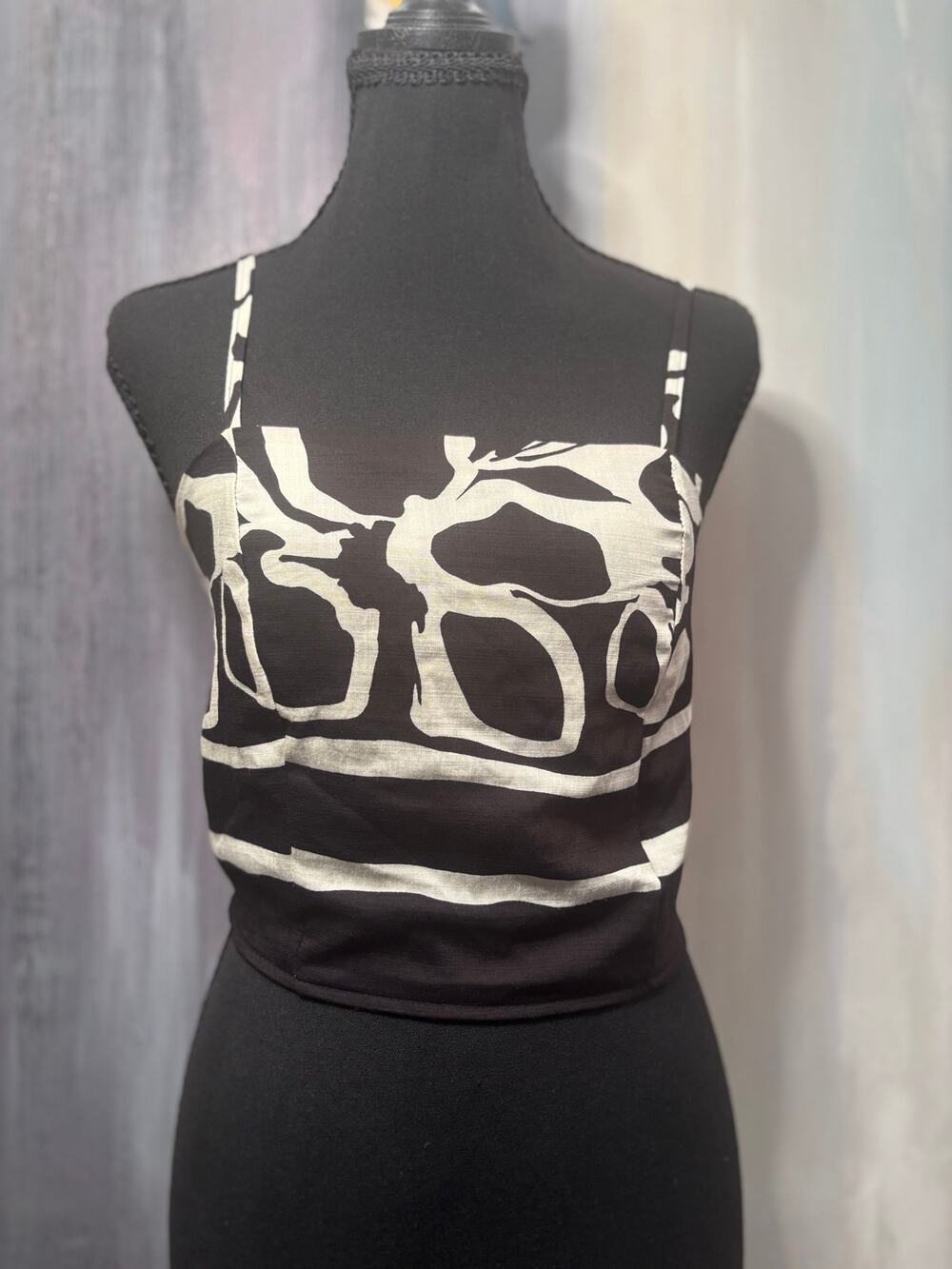 NWT Abstract Black White Smocked Crop Cami Top L/XL Boho Y2K Minimalist Coastal